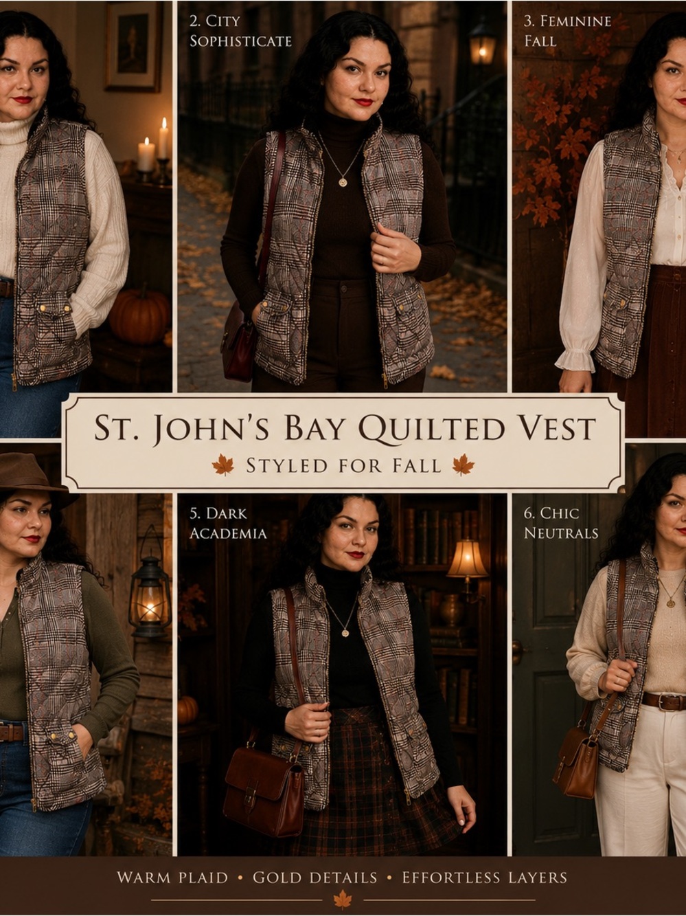 Fall Chic St. John's Bay Quilted Plaid Vest - Dark Academia Autumn Plaid size S